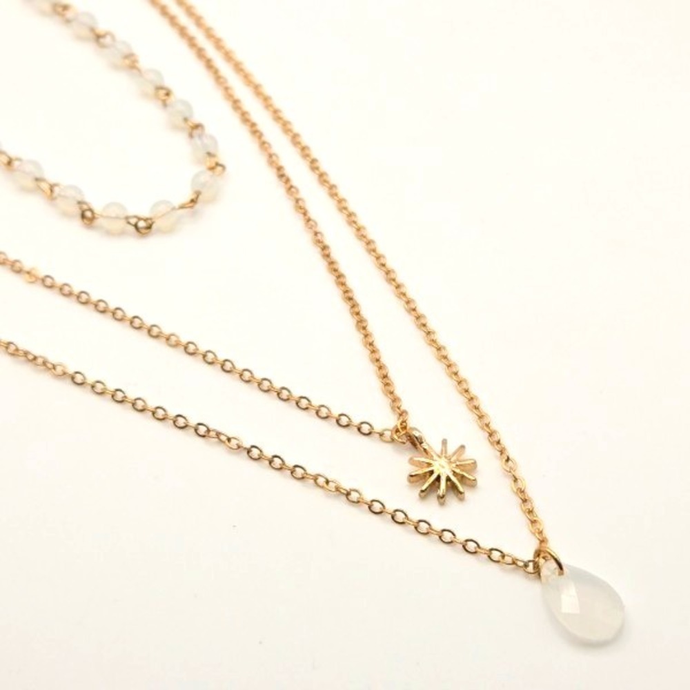 Three-Strand Gold Tone Chain with Star and Teardrop Pendants Opalite‎ Beads 24"